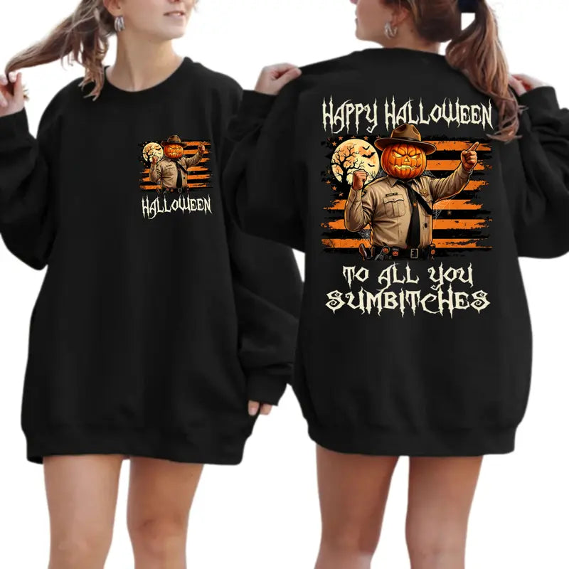 Funny Pumpkin Sheriff Halloween Sweatshirt - Spooky Season Cowboy Graphic Crewneck