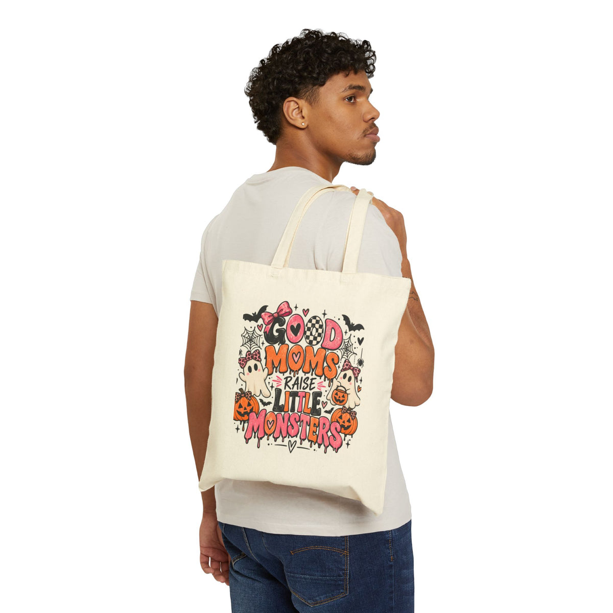 Tote Bag — “Moms Raise Little Monsters” Cute Halloween Canvas Tote for Moms