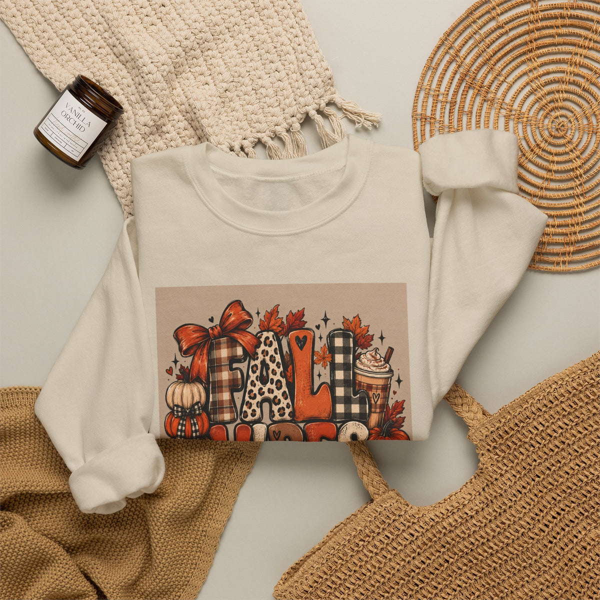 Fall Vibes Crewneck Sweatshirt — Cozy Pumpkin & Plaid Autumn Graphic
