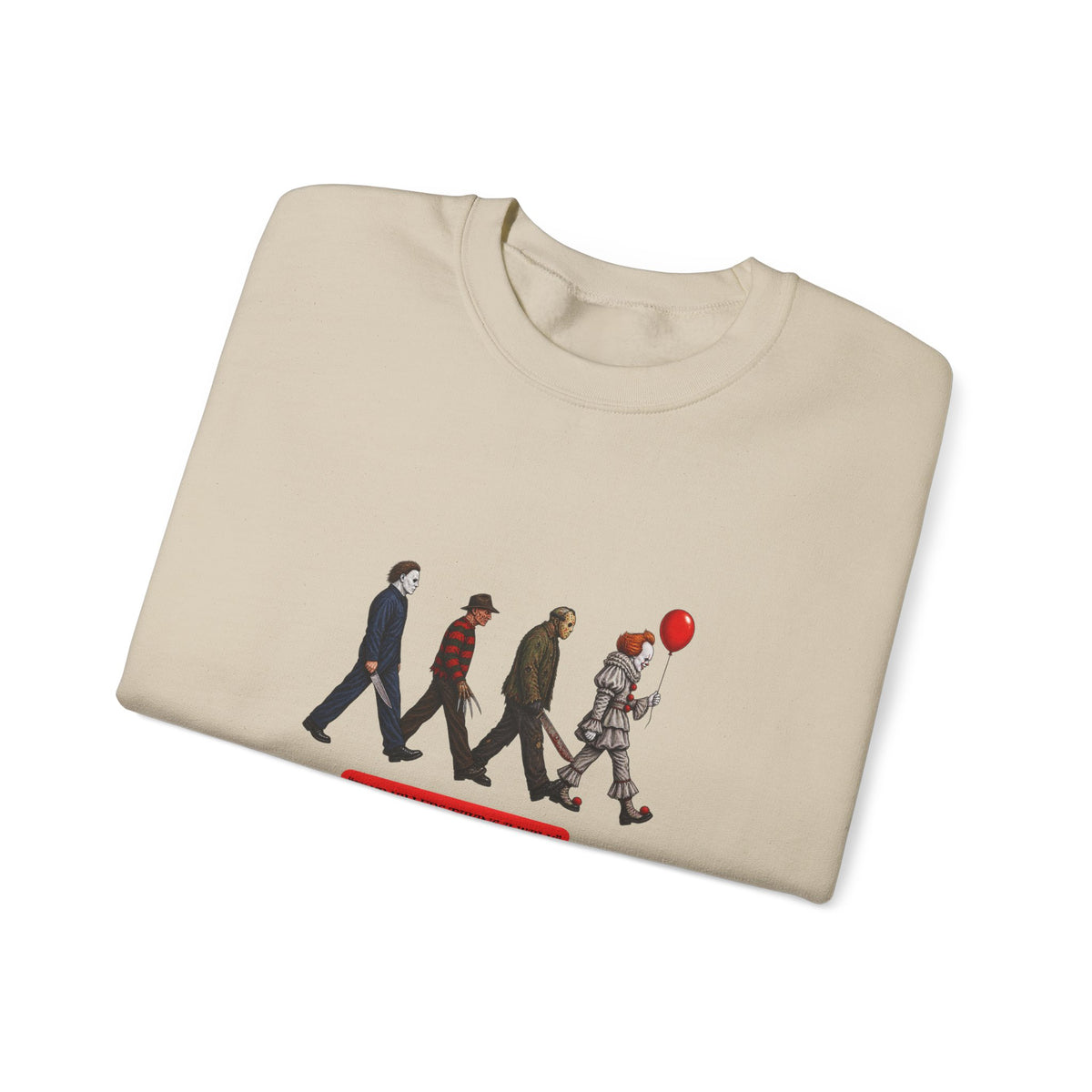 Crewneck Sweatshirt — Horror Icon Parade with Red Balloon (It-Inspired)