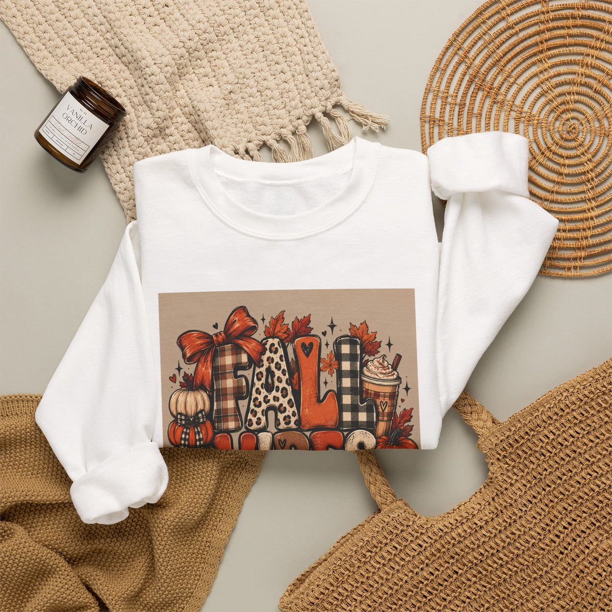 Fall Vibes Crewneck Sweatshirt — Cozy Pumpkin & Plaid Autumn Graphic