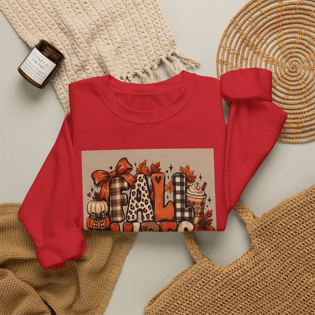 Fall Vibes Crewneck Sweatshirt — Cozy Pumpkin & Plaid Autumn Graphic