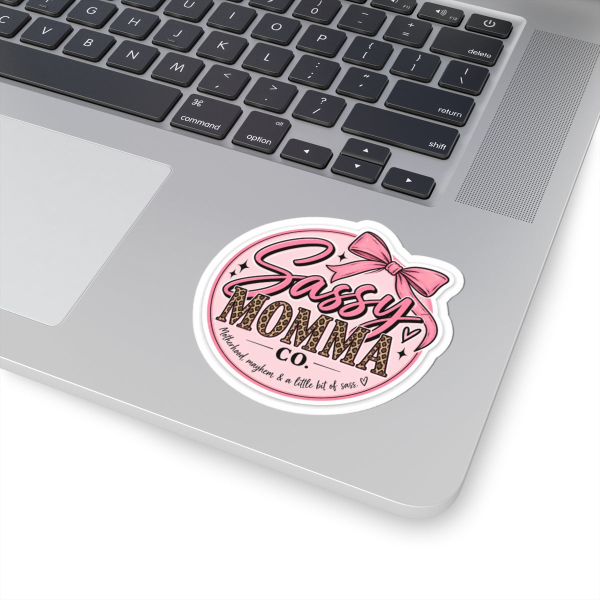 Sassy Momma Sticker — Pink Leopard Bow Kiss-Cut Vinyl Sticker ("Sassy Momma Co.")