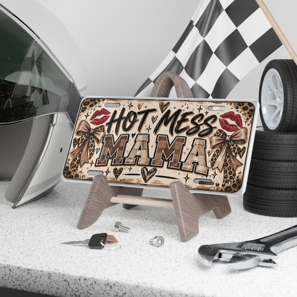 Hot Mess Mama Vanity Plate - Funny Leopard Bow License Frame for Moms