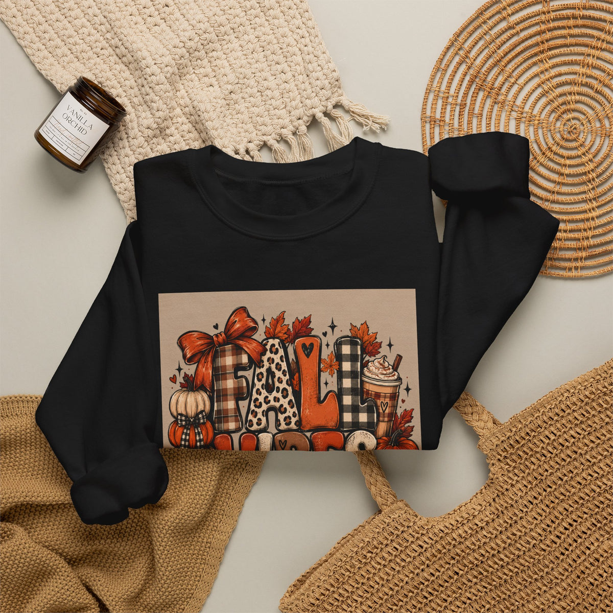 Fall Vibes Crewneck Sweatshirt — Cozy Pumpkin & Plaid Autumn Graphic