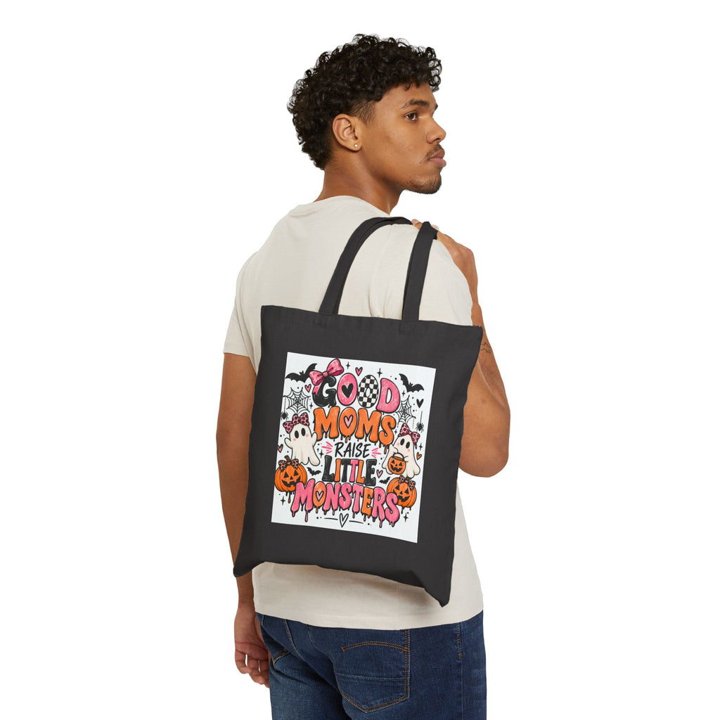 Halloween Tote Bag — “Good Moms Raise Little Monsters” Cotton Canvas Trick-or-Treat Shopper