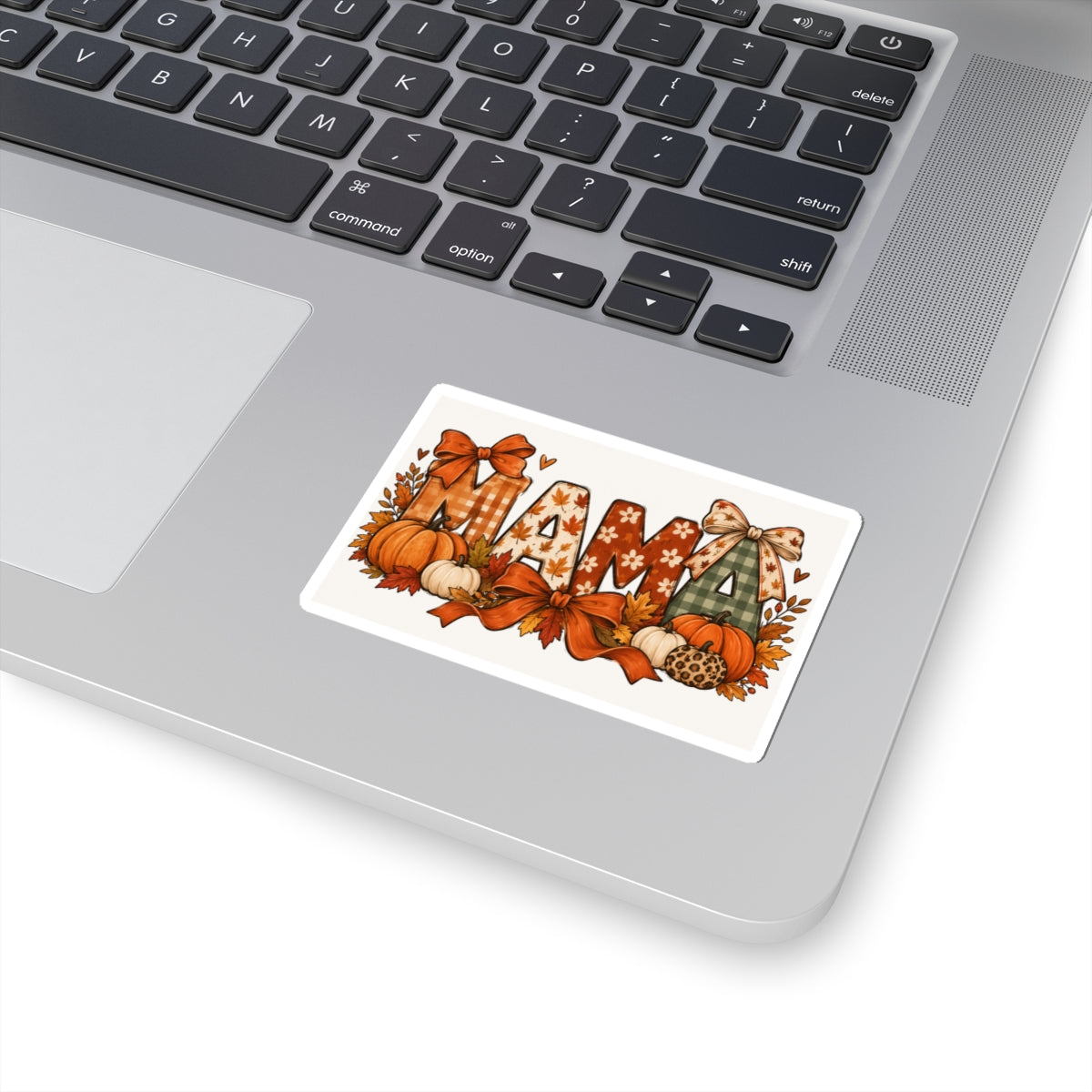Mama Fall Pumpkin Sticker — Autumn Plaid & Bow Kiss-Cut Decal