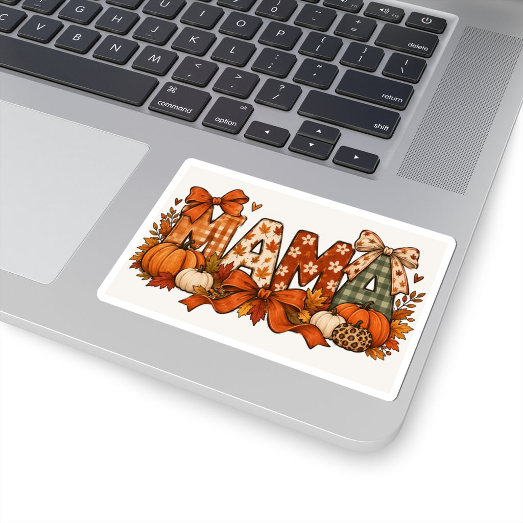 Mama Fall Pumpkin Sticker — Autumn Plaid & Bow Kiss-Cut Decal