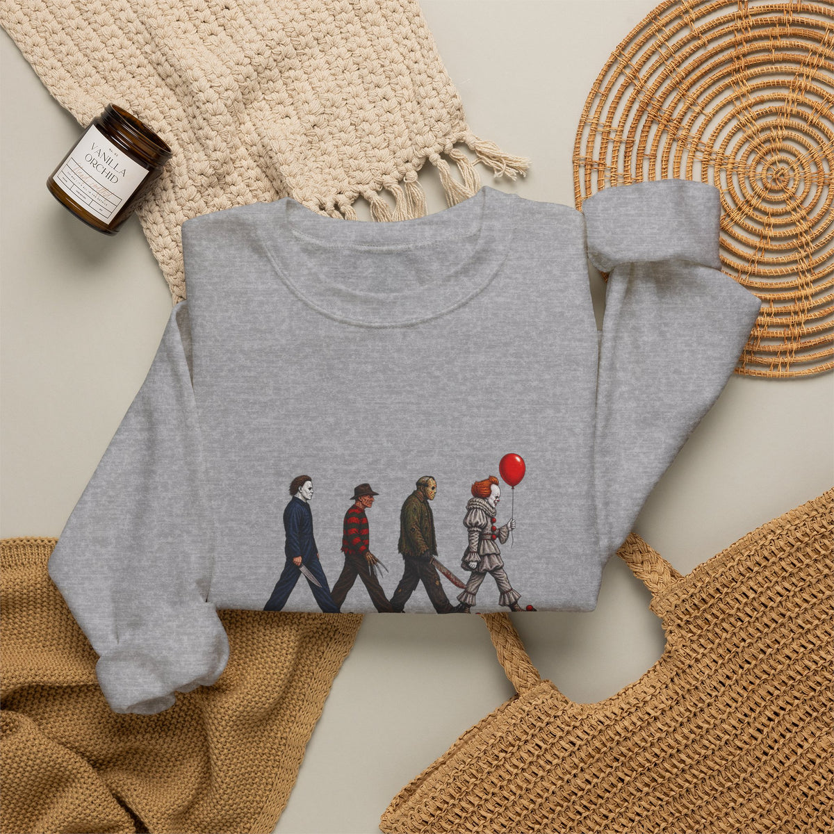 Crewneck Sweatshirt — Horror Icon Parade with Red Balloon (It-Inspired)