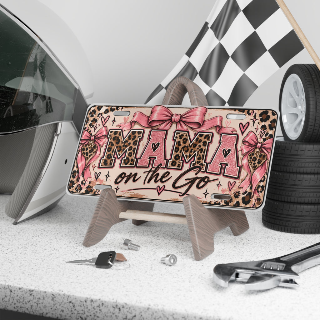 Mama on the Go Leopard Print Vanity Plate - Pink Bow Decorative License Plate