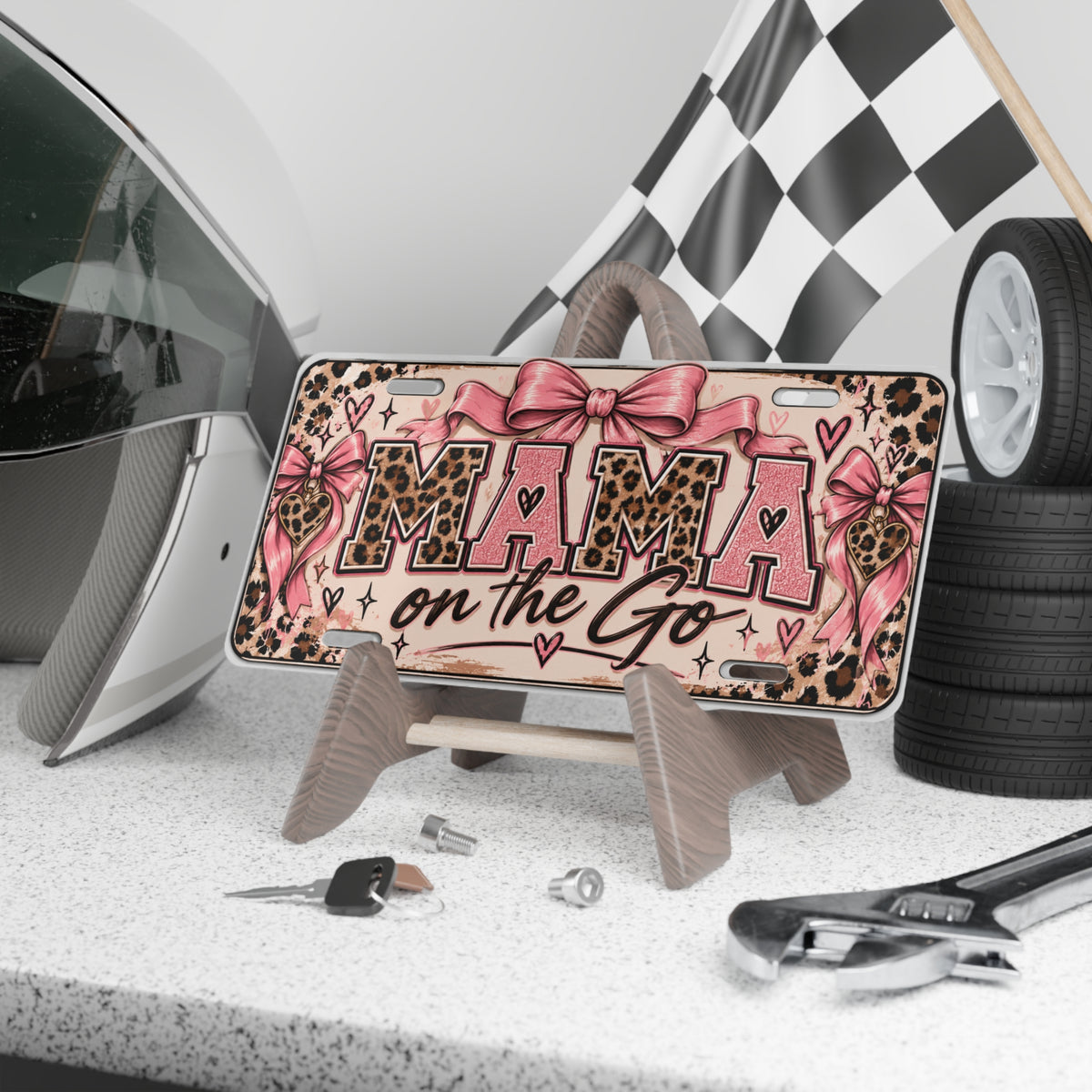 Mama on the Go Leopard Print Vanity Plate - Pink Bow Decorative License Plate