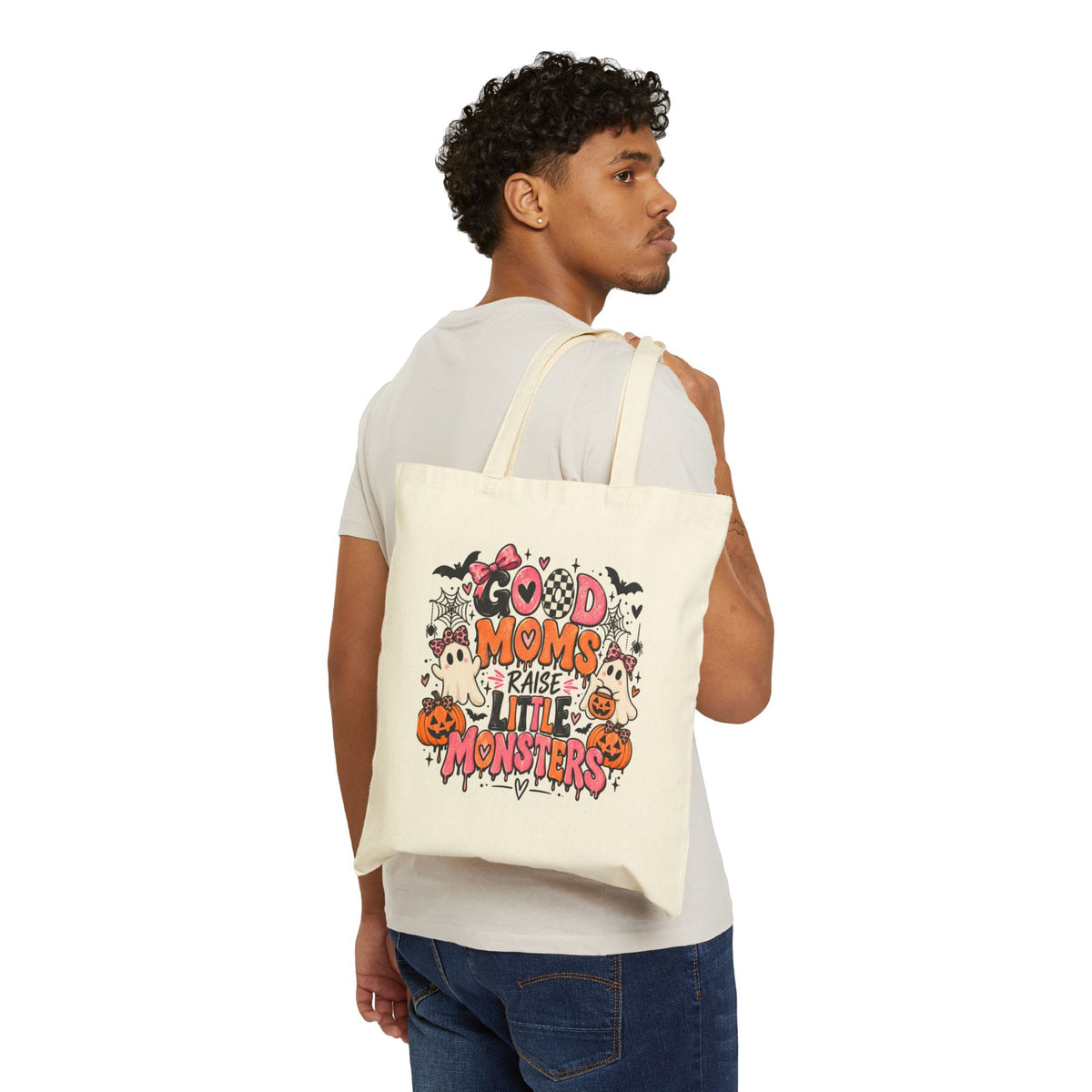 Halloween Tote Bag — “Good Moms Raise Little Monsters” Cotton Canvas Trick-or-Treat Shopper