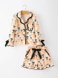 Girls Halloween Pajama Set – Bow Print Long Sleeve Top & Ruffle Shorts