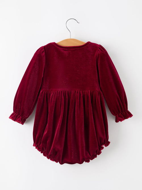 Baby Girls Christmas Burgundy Velvet Plaid Bow Romper