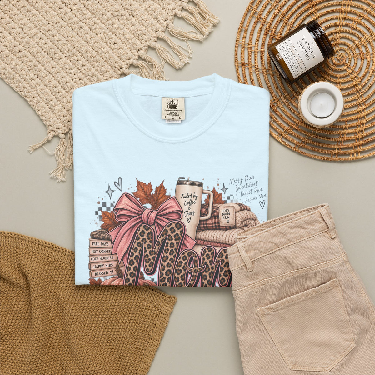 Fall Cozy Coffee T-Shirt — Pumpkin, Leopard Boots & Warm Drink Autumn Graphic Tee