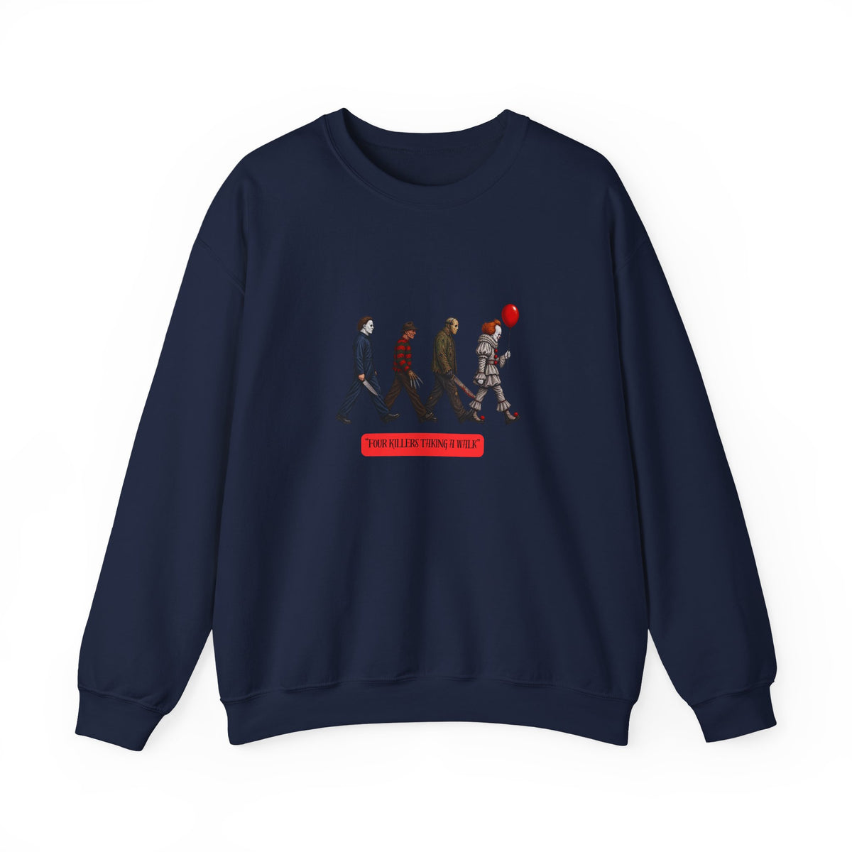 Crewneck Sweatshirt — Horror Icon Parade with Red Balloon (It-Inspired)