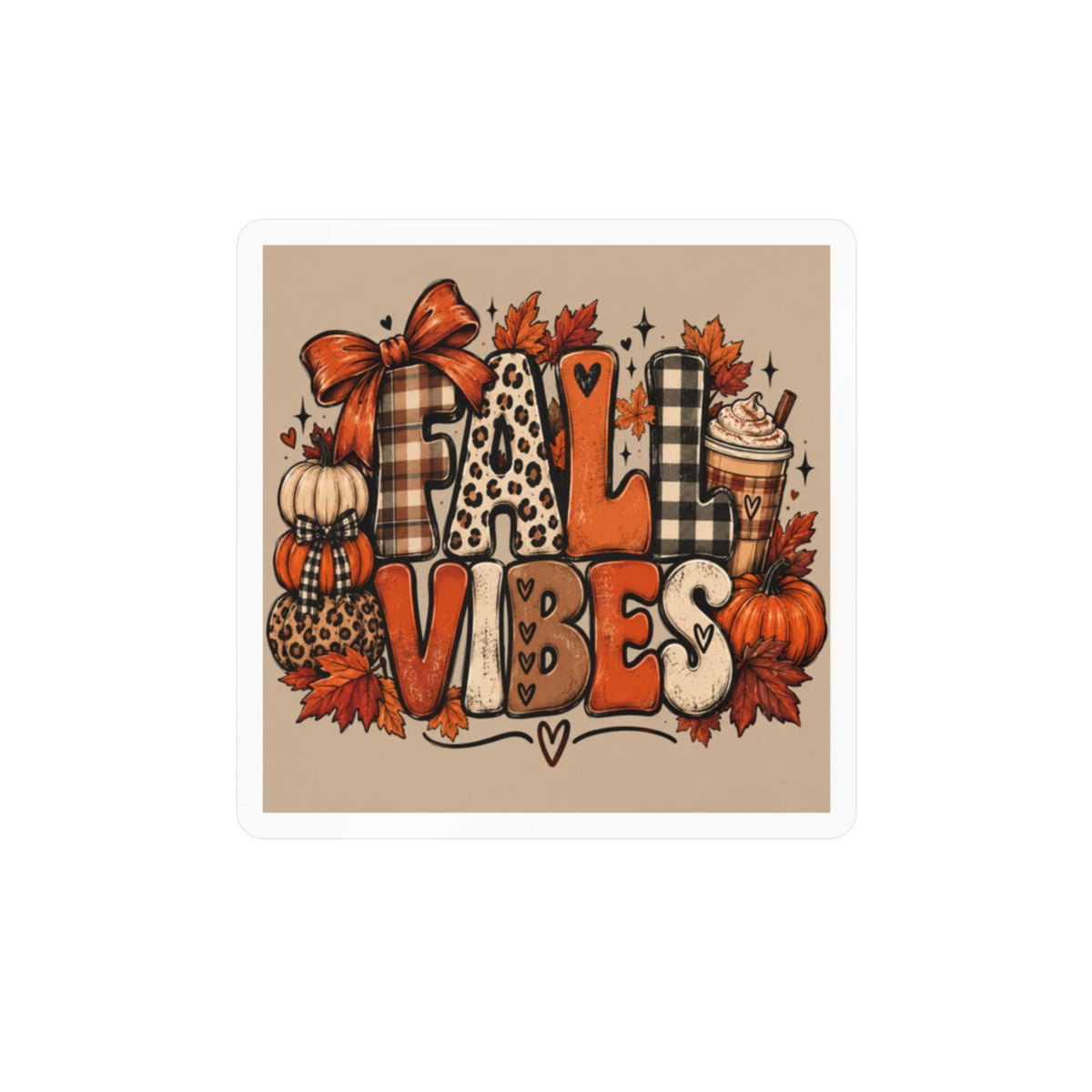 Fall Vibes Kiss-Cut Vinyl Sticker — Autumn Pumpkin & Plaid Decal