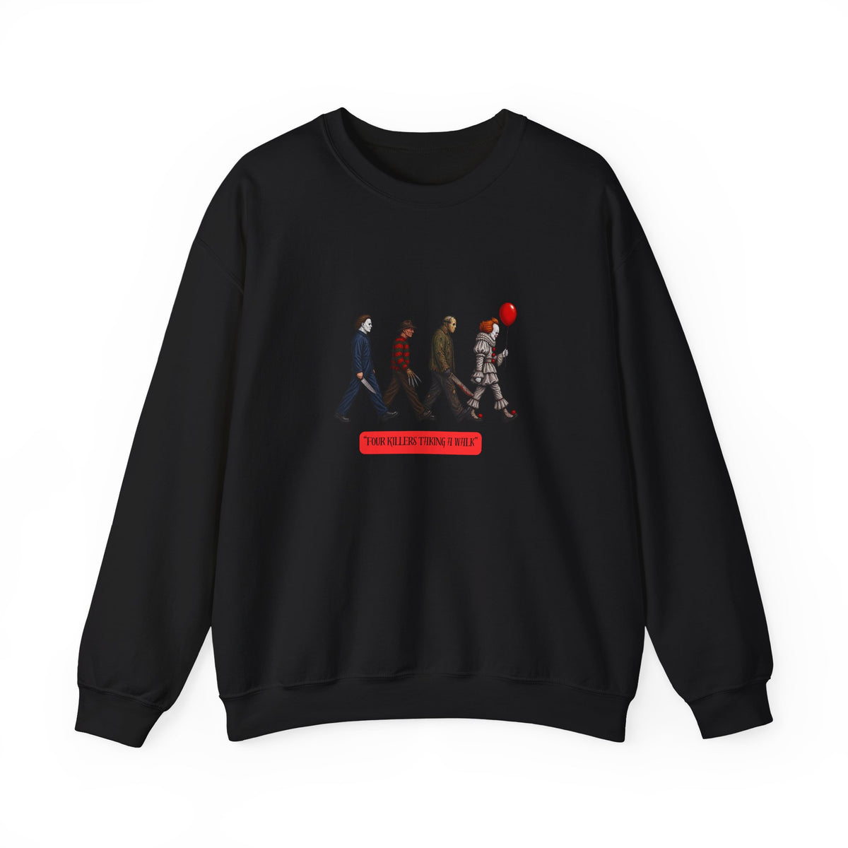 Crewneck Sweatshirt — Horror Icon Parade with Red Balloon (It-Inspired)