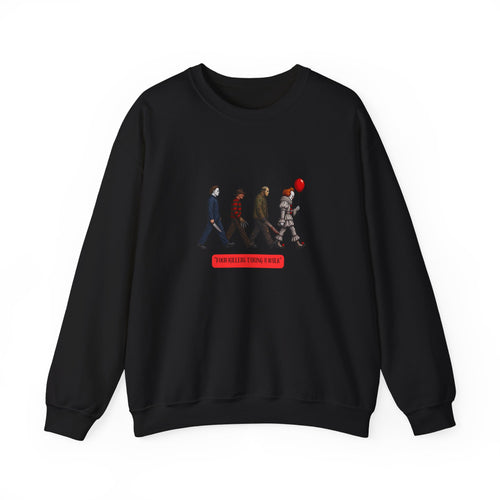 Crewneck Sweatshirt — Horror Icon Parade with Red Balloon (It-Inspired)