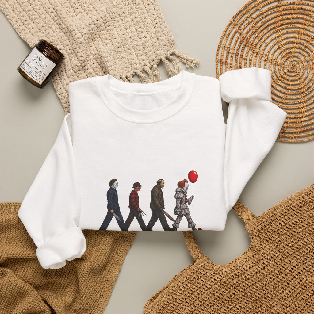 Crewneck Sweatshirt — Horror Icon Parade with Red Balloon (It-Inspired)