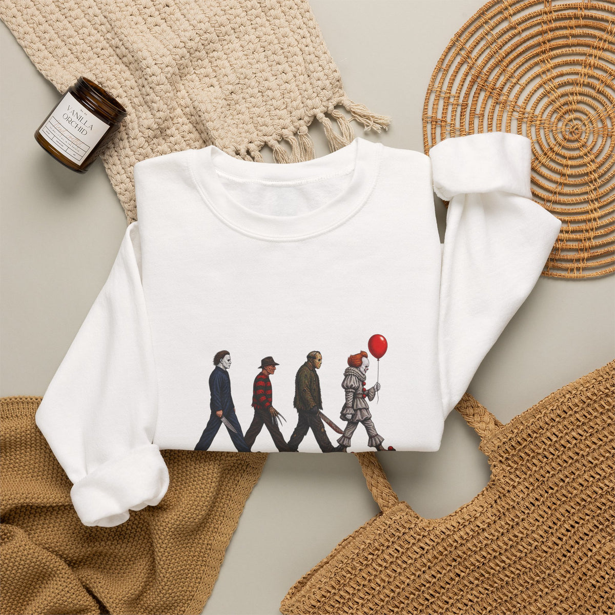 Crewneck Sweatshirt — Horror Icon Parade with Red Balloon (It-Inspired)
