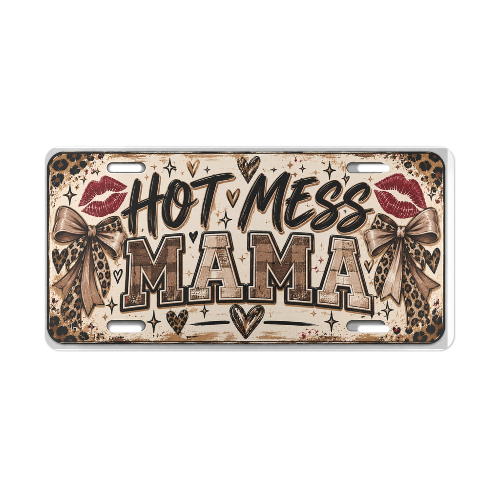 Hot Mess Mama Vanity Plate - Funny Leopard Bow License Frame for Moms