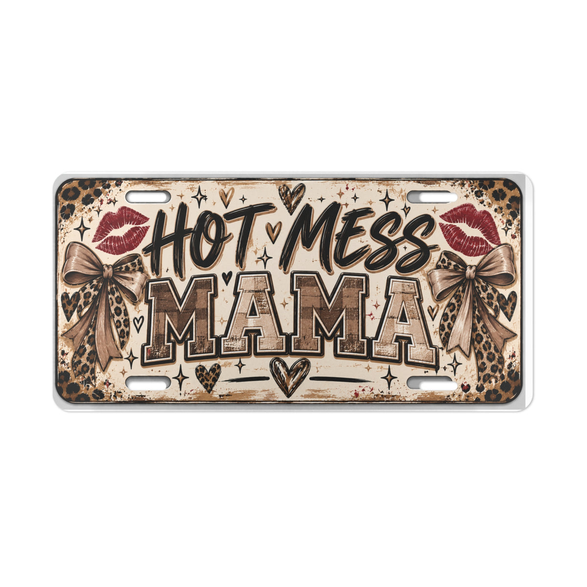 Hot Mess Mama Vanity Plate - Funny Leopard Bow License Frame for Moms