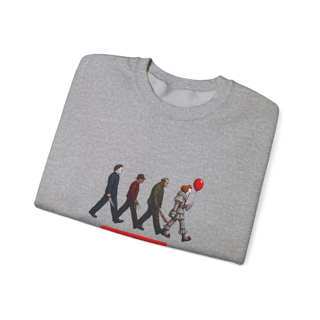 Crewneck Sweatshirt — Horror Icon Parade with Red Balloon (It-Inspired)