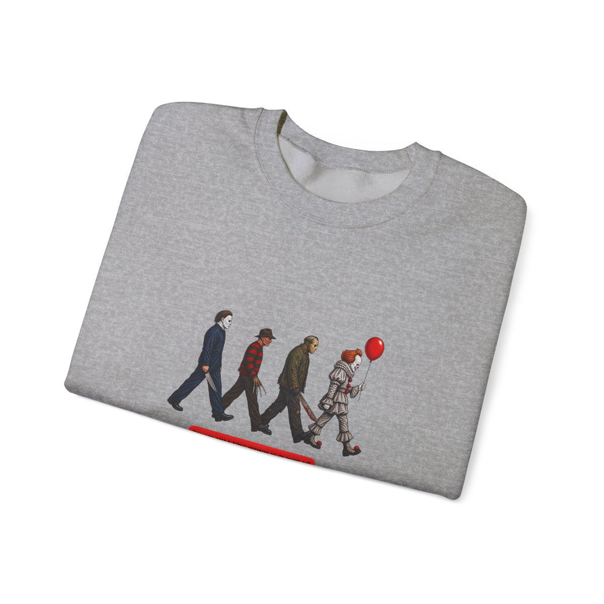 Crewneck Sweatshirt — Horror Icon Parade with Red Balloon (It-Inspired)