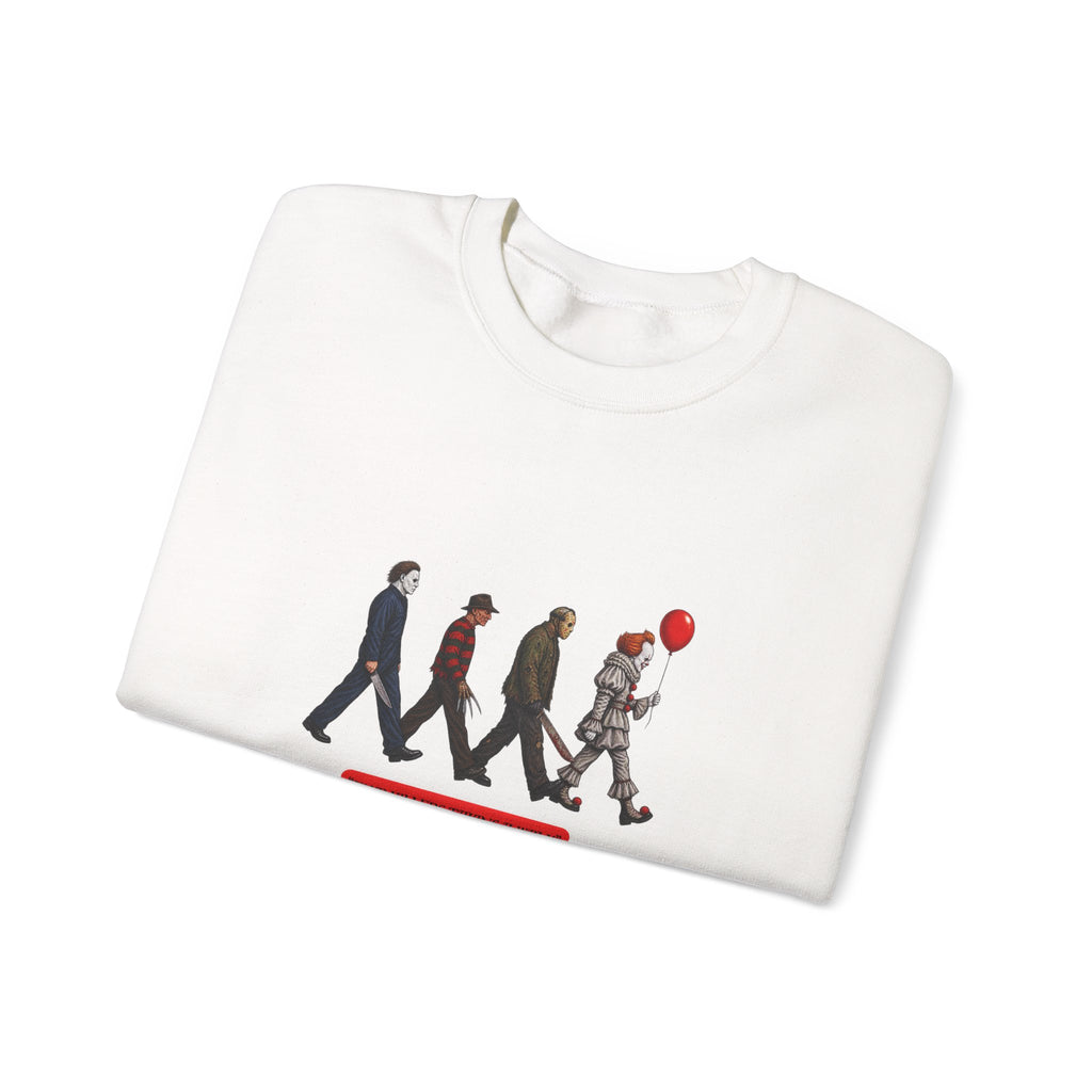 Crewneck Sweatshirt — Horror Icon Parade with Red Balloon (It-Inspired)