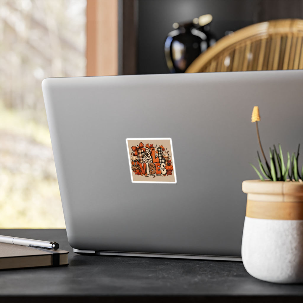 Fall Vibes Kiss-Cut Vinyl Sticker — Autumn Pumpkin & Plaid Decal