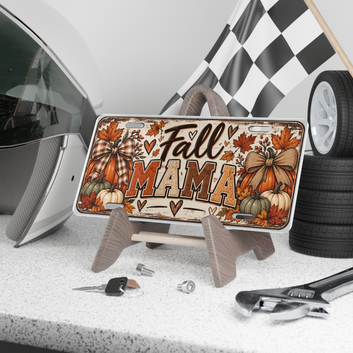 Fall Mama Vanity Plate - Autumn Pumpkins, Plaid Bows & Leaves License Plate