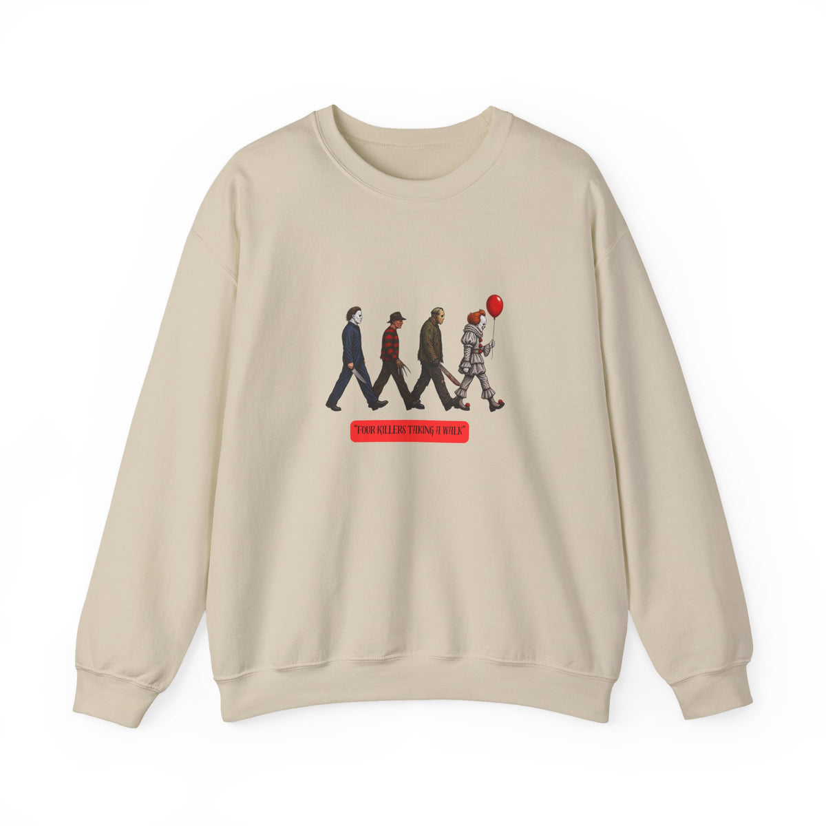 Crewneck Sweatshirt — Horror Icon Parade with Red Balloon (It-Inspired)