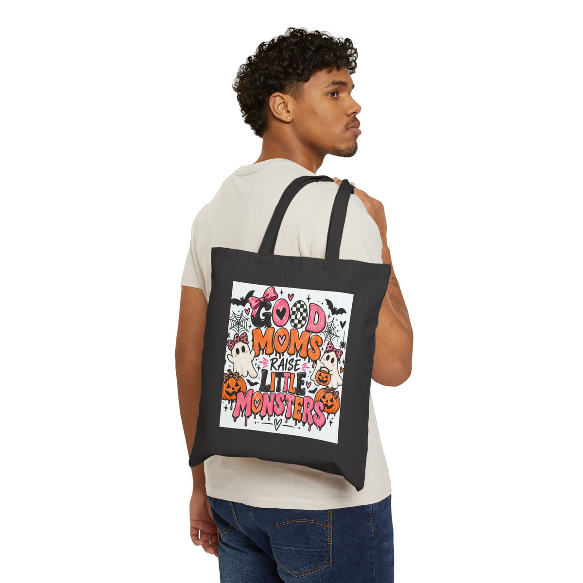 Tote Bag — “Moms Raise Little Monsters” Cute Halloween Canvas Tote for Moms