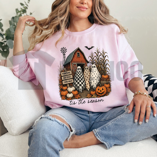 "Tis The Season" Ghost Trio Sweatshirt - Cute Pumpkin Patch Halloween Crewneck