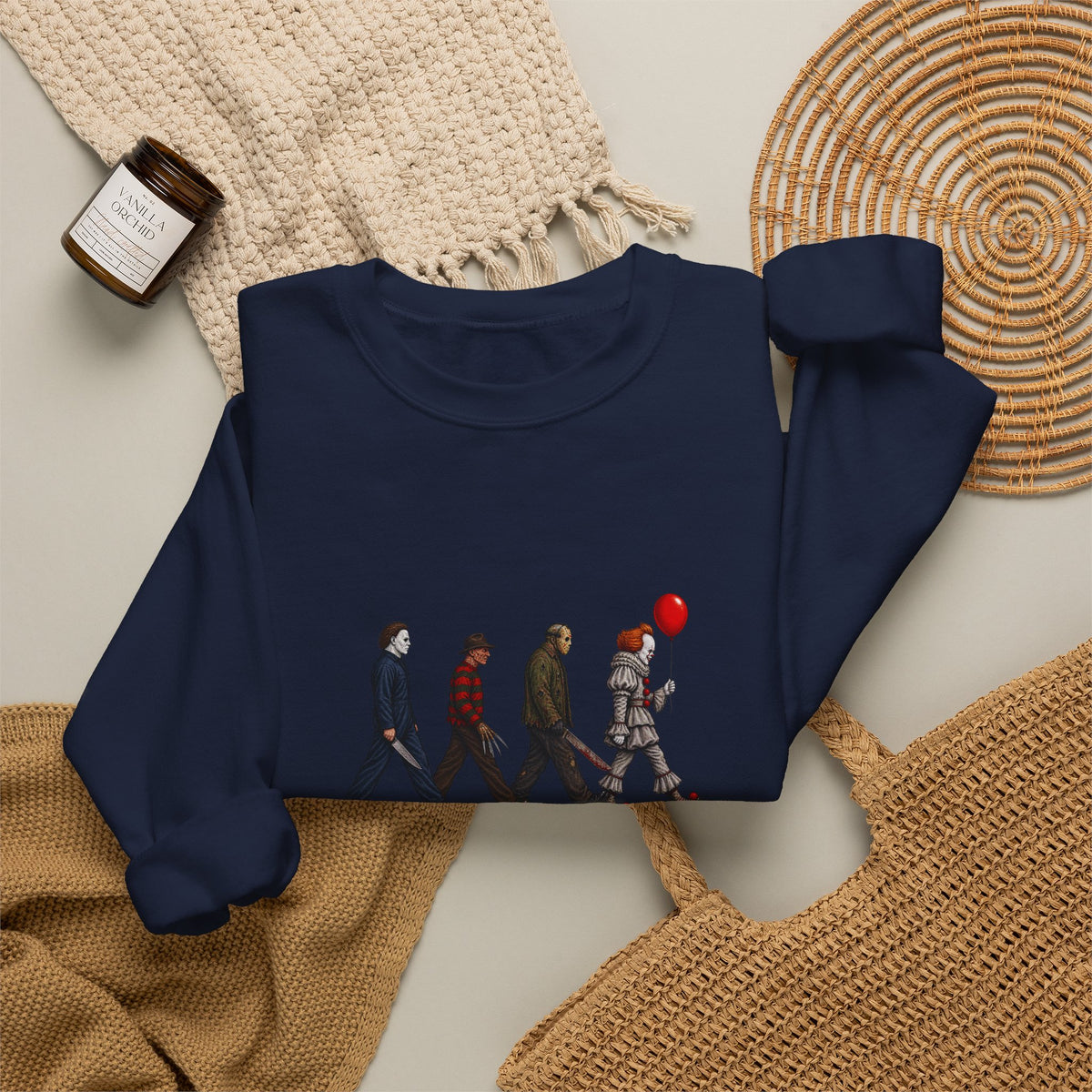 Crewneck Sweatshirt — Horror Icon Parade with Red Balloon (It-Inspired)