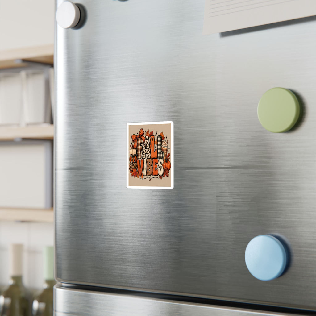 Fall Vibes Kiss-Cut Vinyl Sticker — Autumn Pumpkin & Plaid Decal