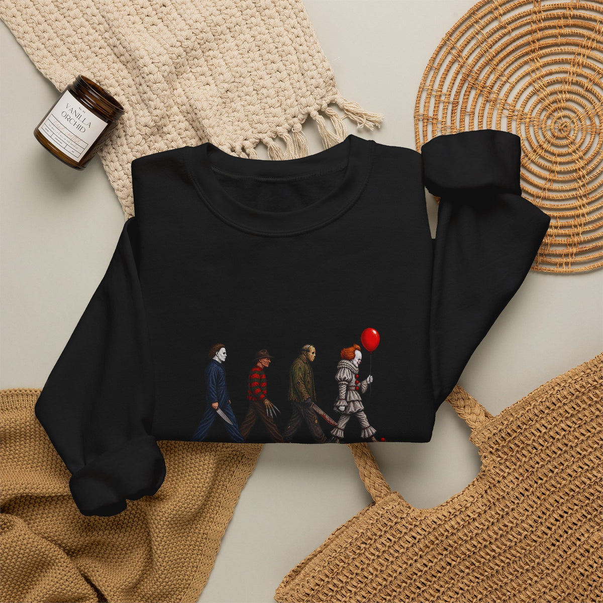 Crewneck Sweatshirt — Horror Icon Parade with Red Balloon (It-Inspired)