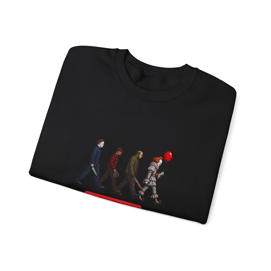 Crewneck Sweatshirt — Horror Icon Parade with Red Balloon (It-Inspired)