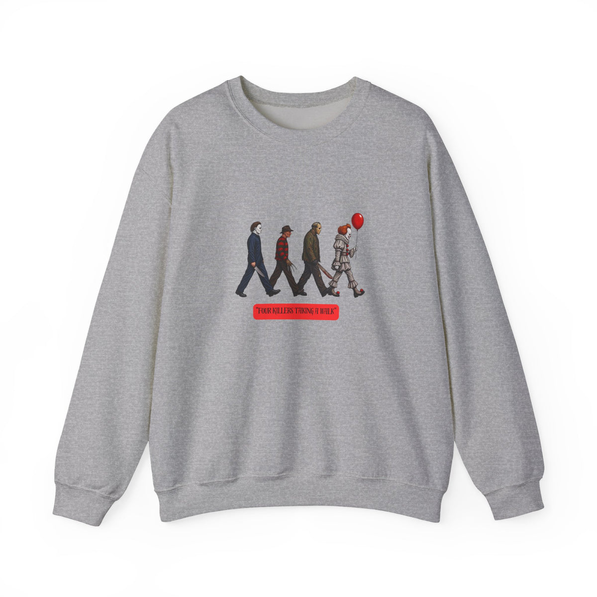 Crewneck Sweatshirt — Horror Icon Parade with Red Balloon (It-Inspired)