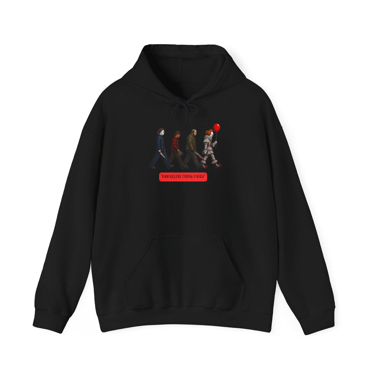 Horror Mashup Hoodie — Iconic Band-Style Walk with Pennywise (Red Balloon)