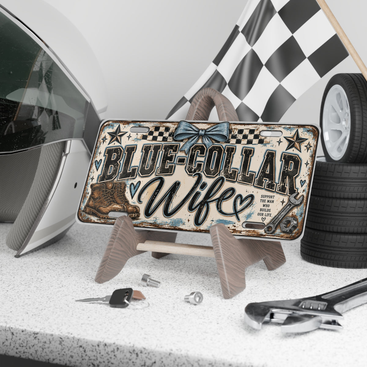 Blue-Collar Wife Decorative License Plate – Vintage Workwear Pride Vanity Plate