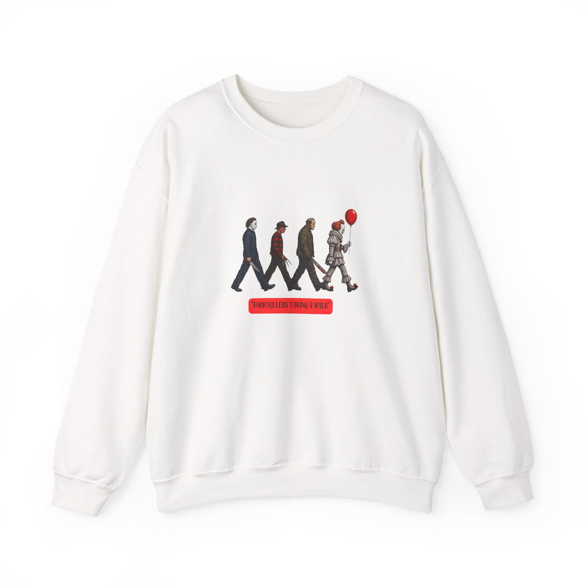 Crewneck Sweatshirt — Horror Icon Parade with Red Balloon (It-Inspired)