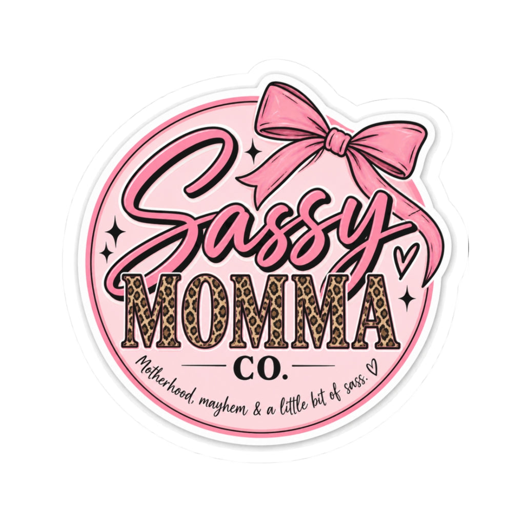 Sassy Momma Sticker — Pink Leopard Bow Kiss-Cut Vinyl Sticker ("Sassy Momma Co.")