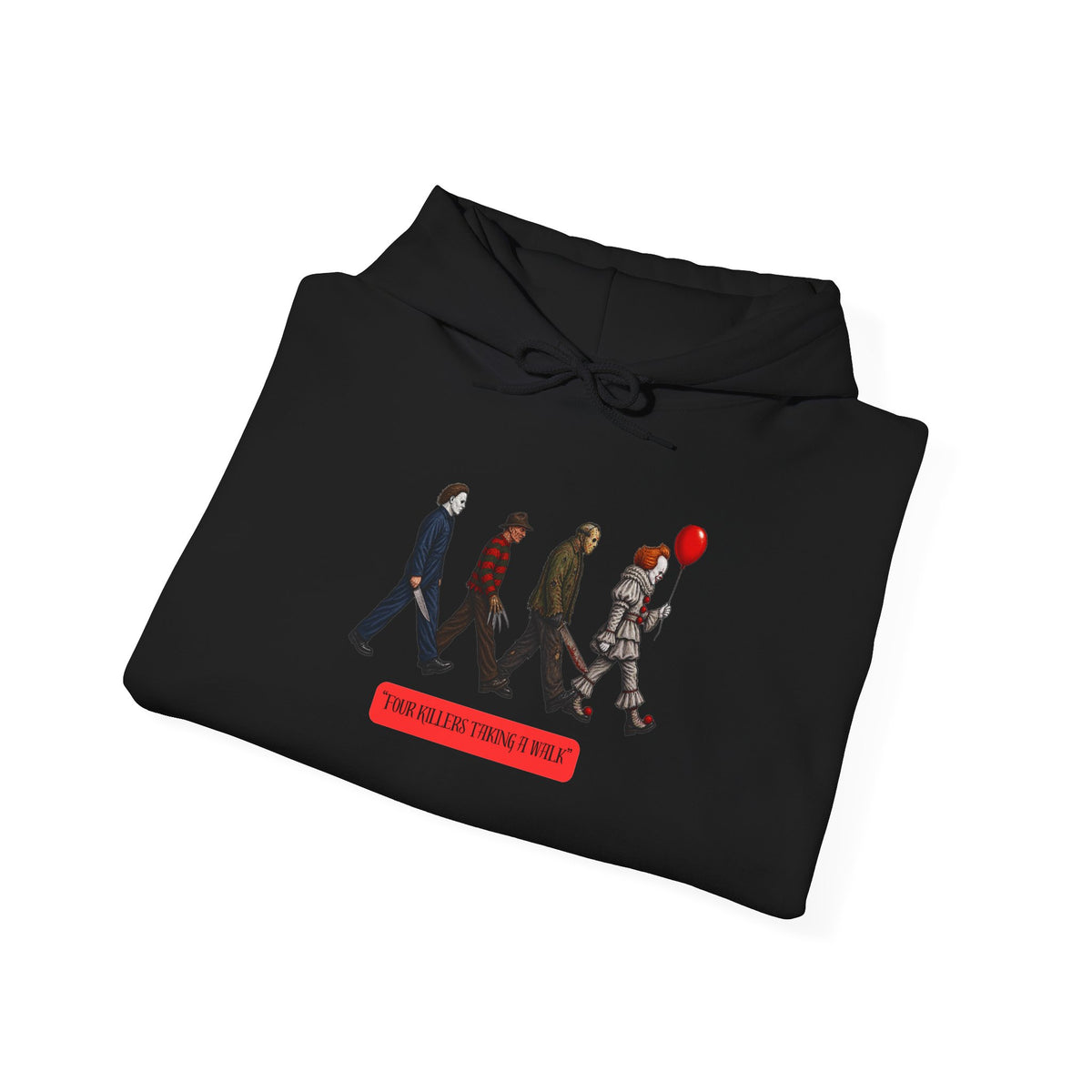 Horror Mashup Hoodie — Iconic Band-Style Walk with Pennywise (Red Balloon)
