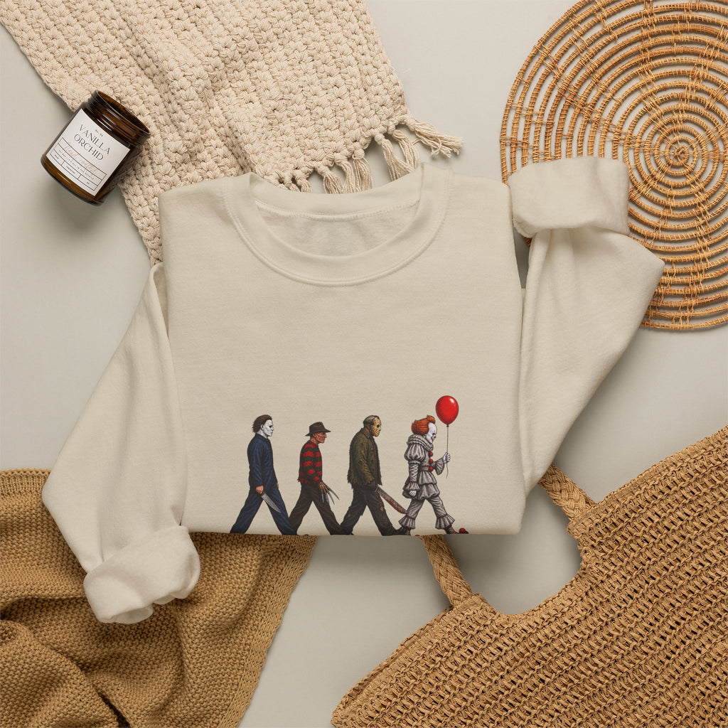 Crewneck Sweatshirt — Horror Icon Parade with Red Balloon (It-Inspired)