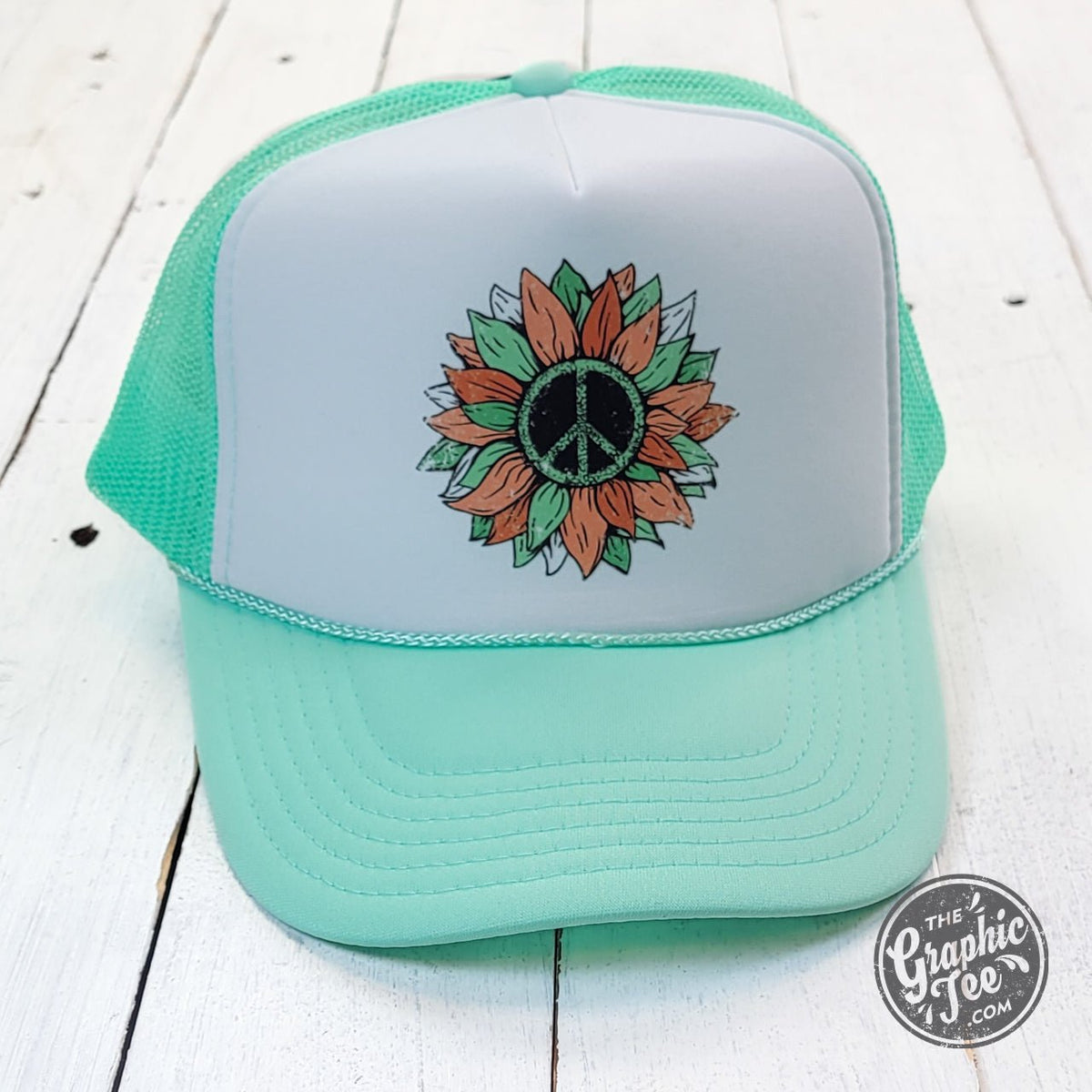 Peace Sunflower Seafoam and White Foam Trucker Cap